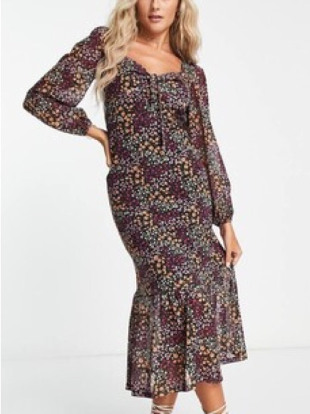 The Frolic Women 4 Ditsy Floral Mesh Long Sleeve Square Neck Midi Tea Dress NWT
